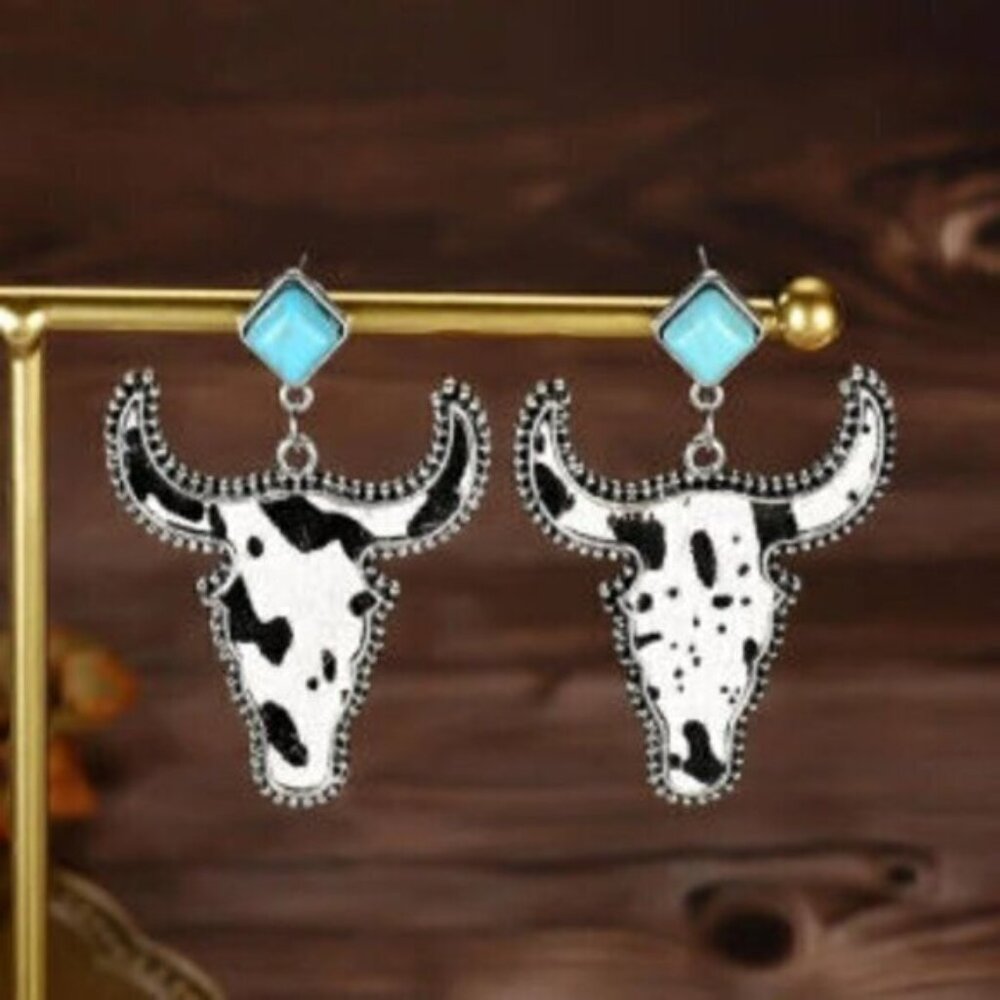 Black White Silver Plated Faux Hair Cow Print Diamond Turquoise Earrings